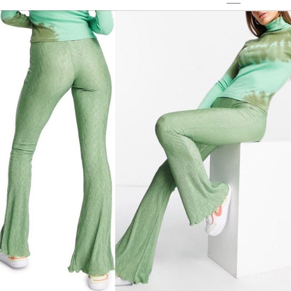 Topshop Retro Vintage Sage Green Crinkle Bellbottom Flared Pants